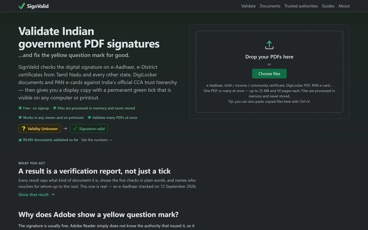 The SignValid home page