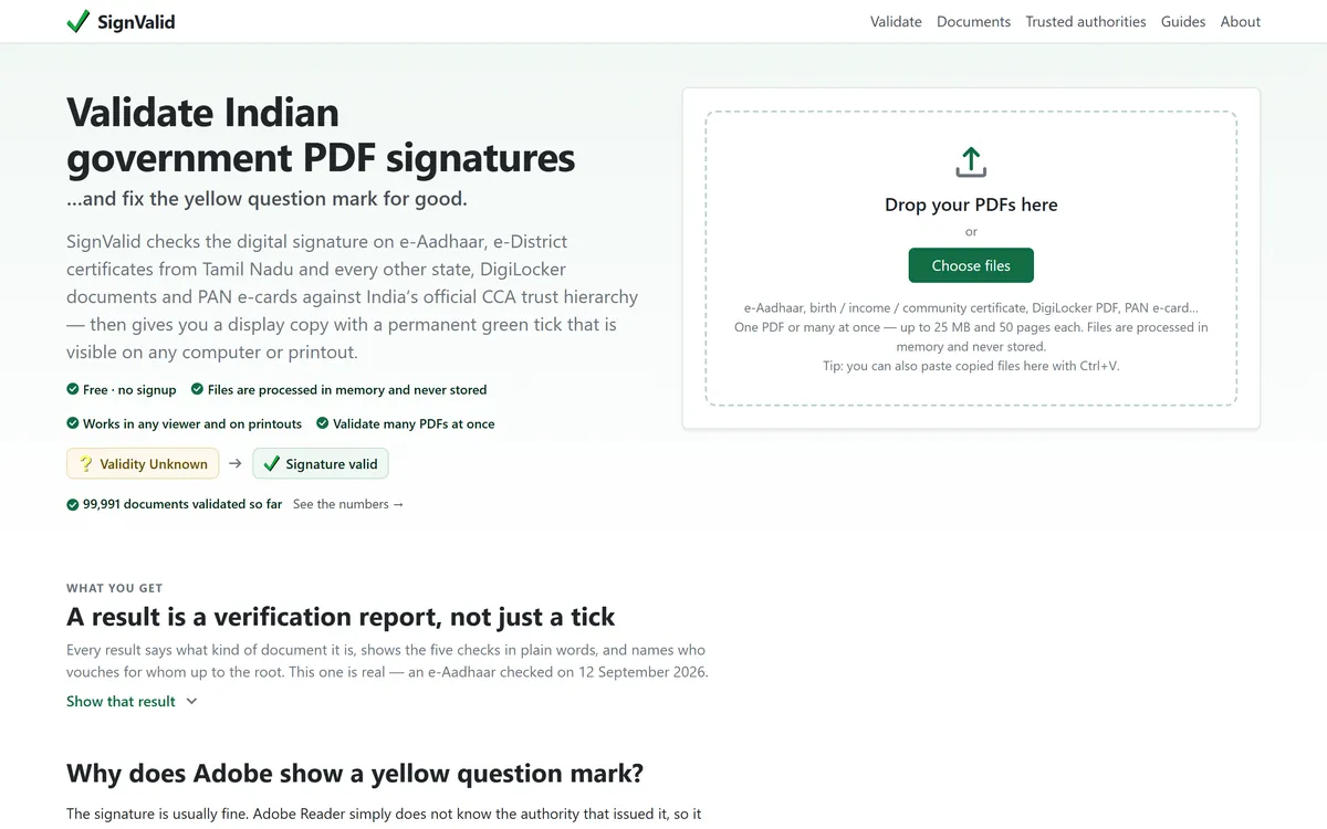 The SignValid home page